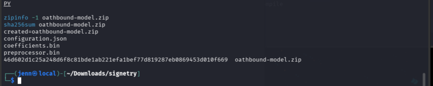 Model archive contents and SHA-256 digest